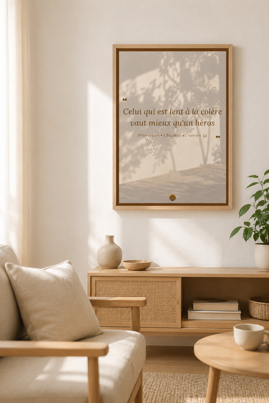 Affiche encadrée A3 — "Celui qui est lent à la colère vaut mieux qu'un héros" — Proverbes, chapitre 16, verset 32