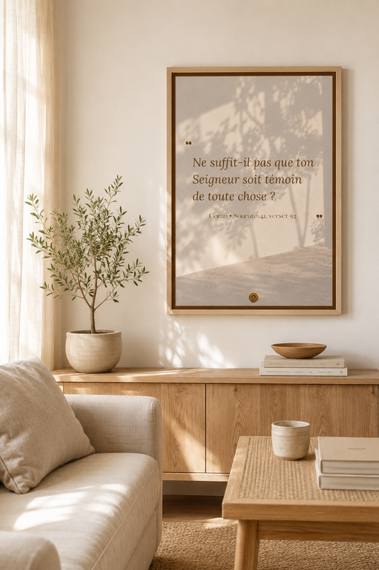 Affiche encadrée A3 — "Ne suffit-il pas que ton Seigneur soit témoin de toute chose ?" — Coran, Sourate 41, verset 53